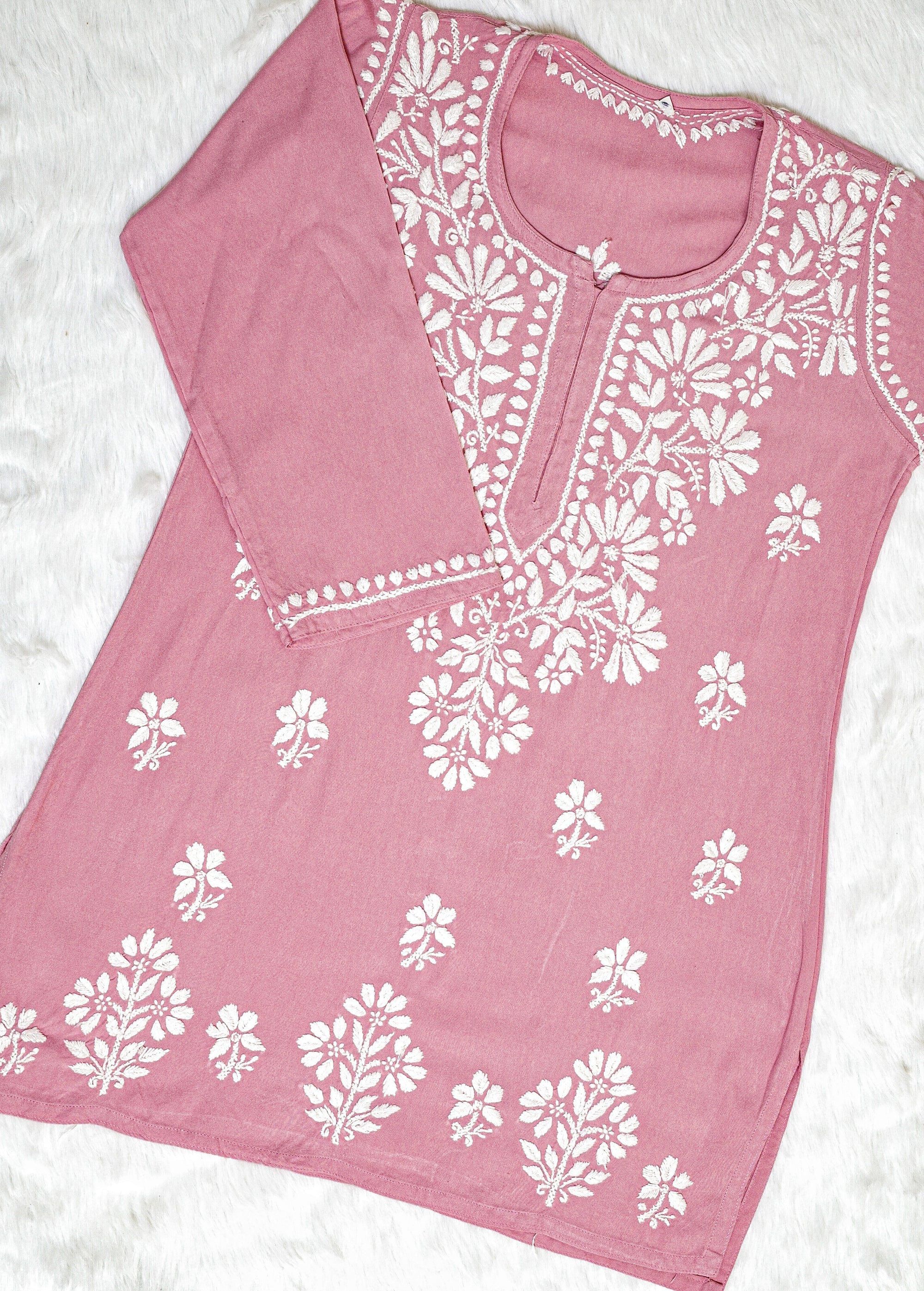 Rose Pink Short Rayon Chikankari Kurta