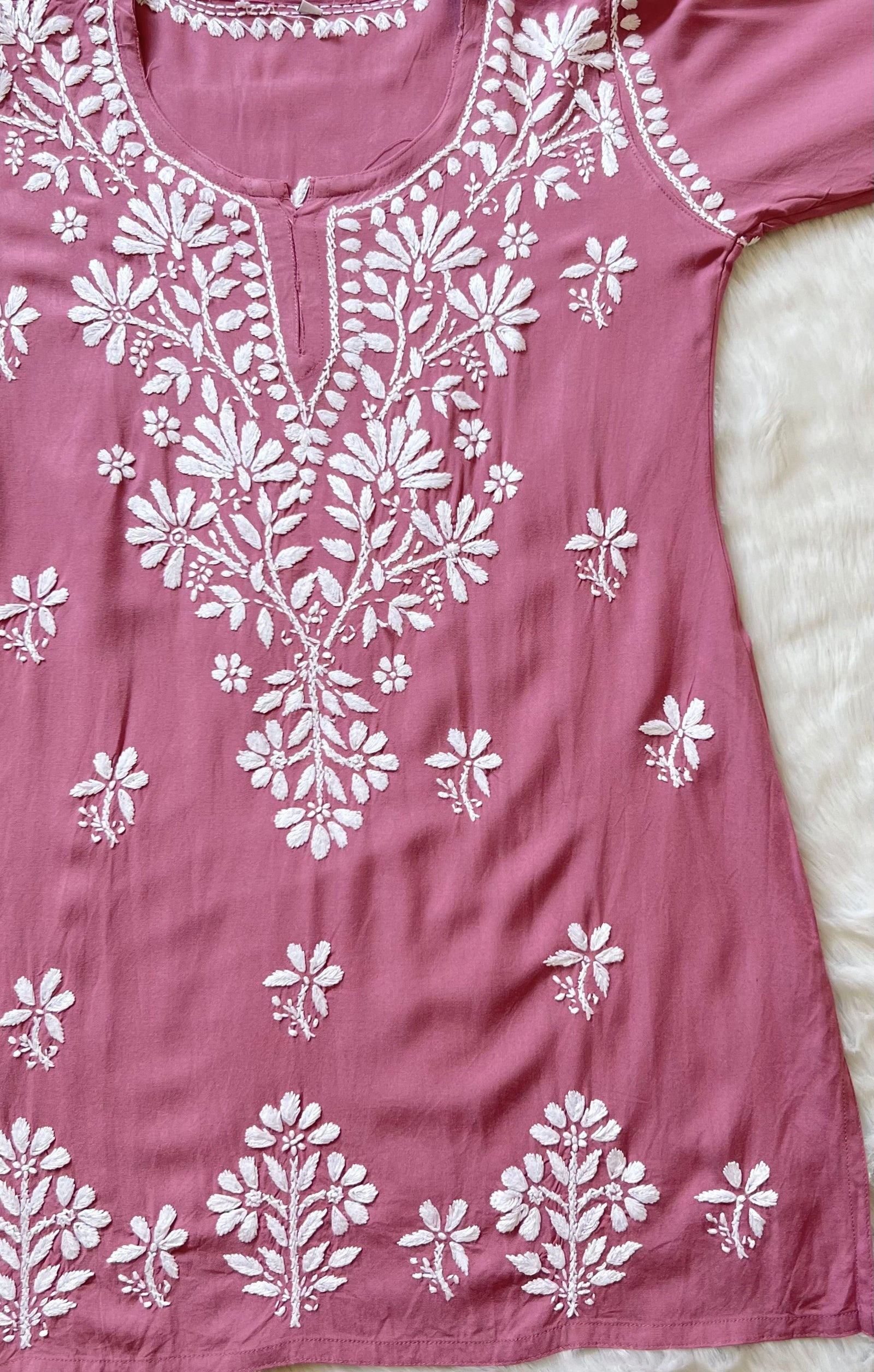 Rose Pink Short Rayon Kurta with White Chikankari