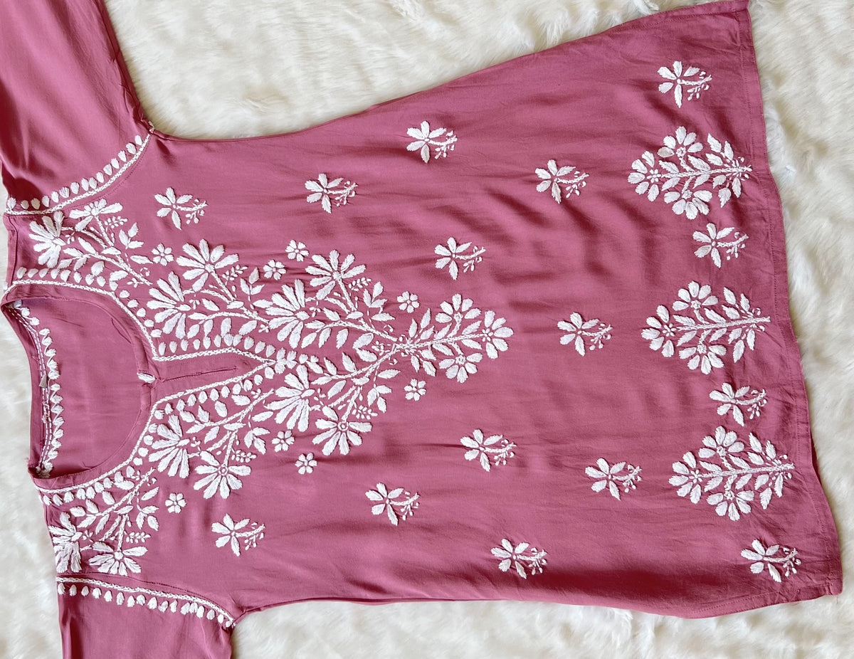 Rose Pink Short Rayon Kurta with White Chikankari