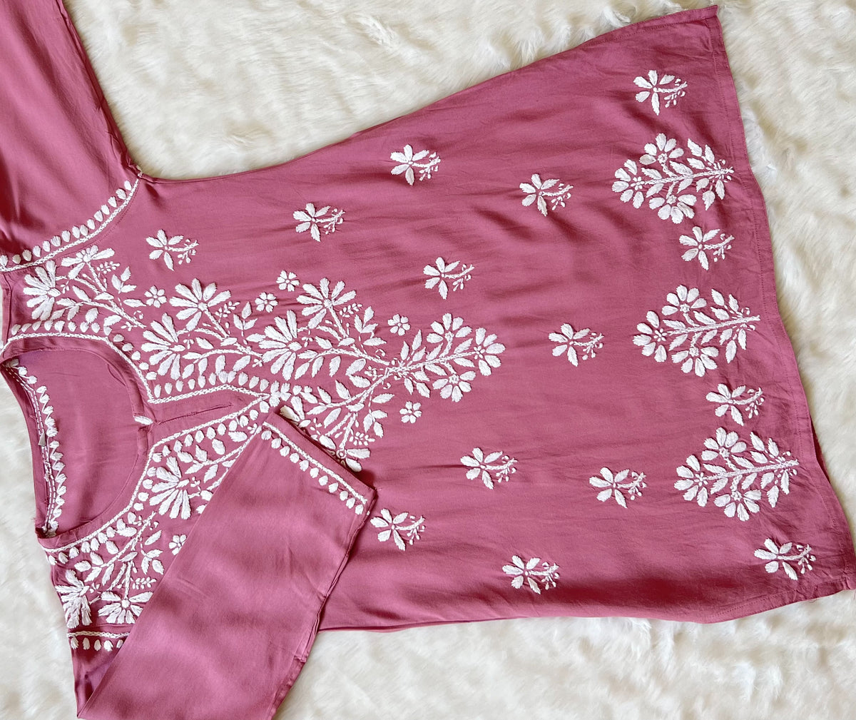 Rose Pink Short Rayon Kurta with White Chikankari