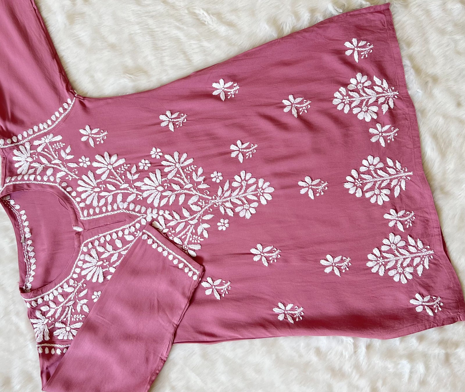 Rose Pink Short Rayon Kurta with White Chikankari