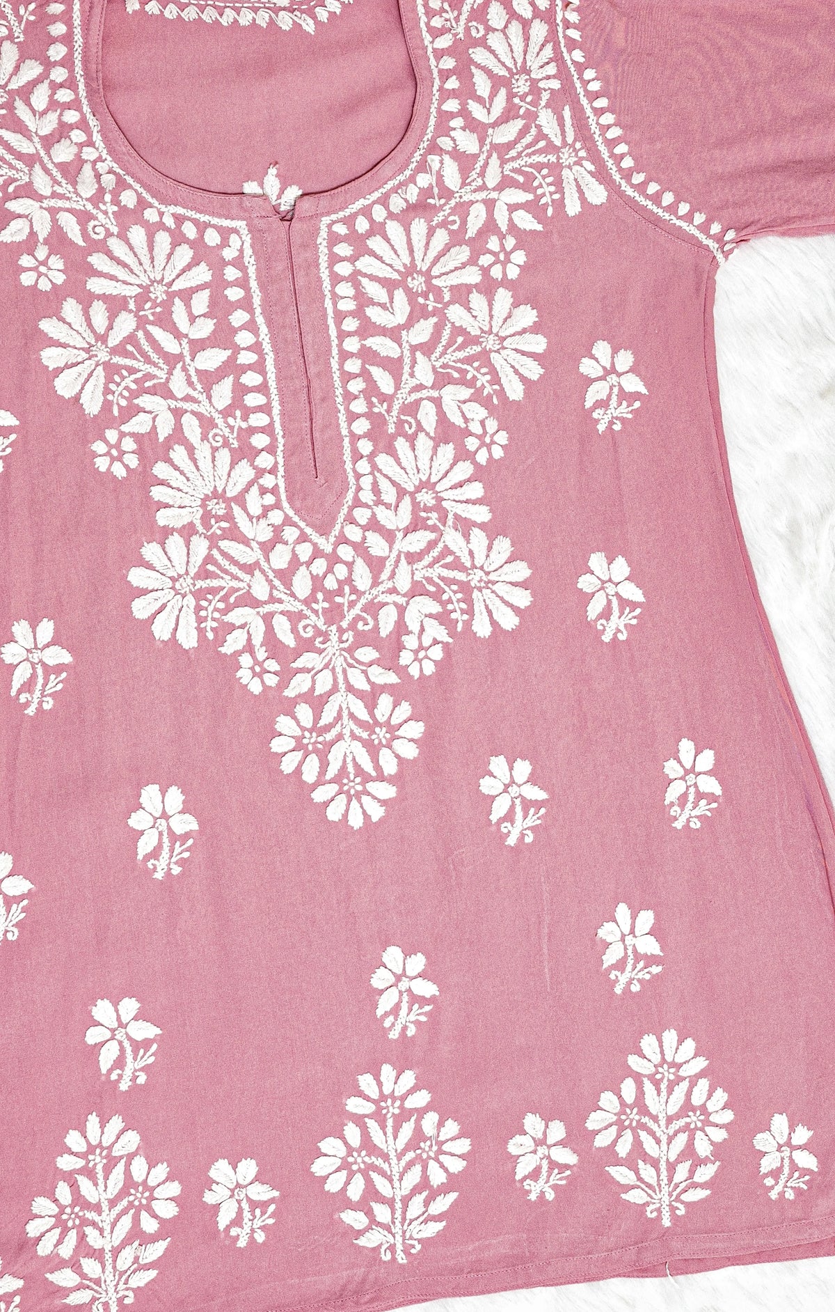 Rose Pink Short Rayon Kurta with White Chikankari