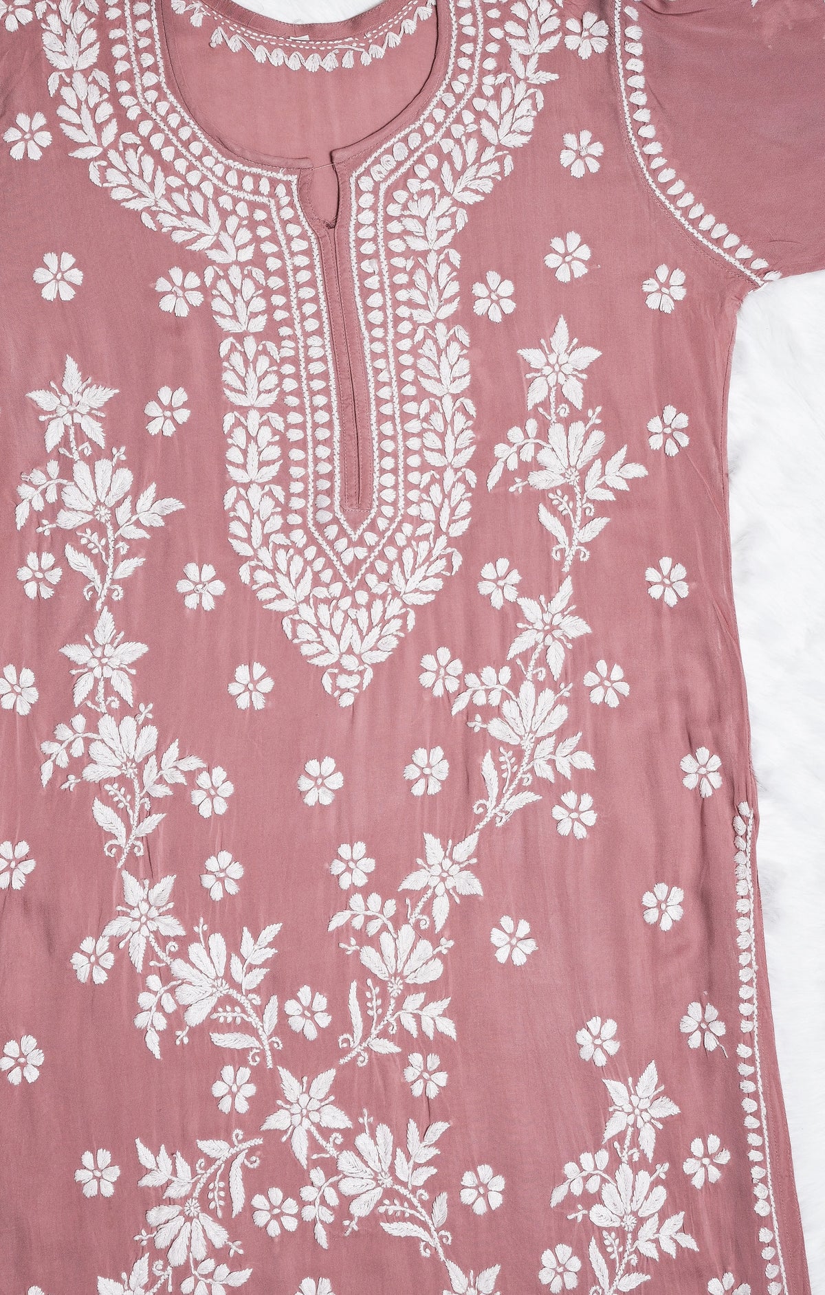 Rosewood Pink Long Modal Kurta with White Chikankari