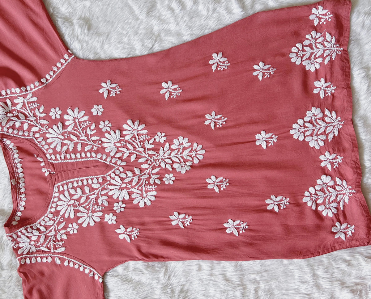 Rosewood Pink Short Rayon Kurta with White Chikankari