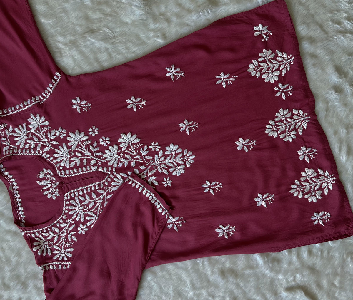 Rouge Pink Short Rayon Kurta with White Chikankari