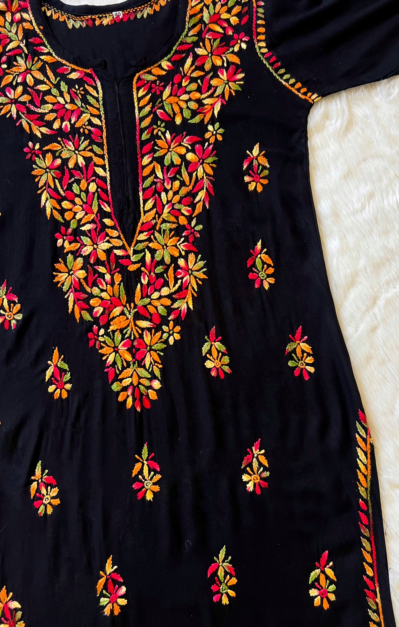 Ruhi Black Multi Long Rayon Chikankari Kurta