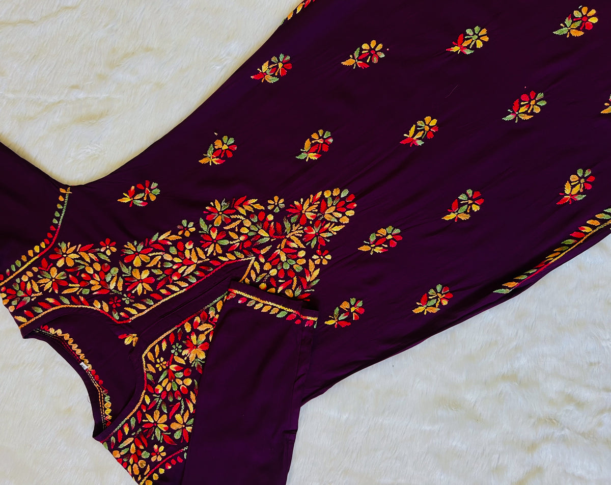 Ruhi Dark Purple Multi Long Rayon Chikankari Kurta