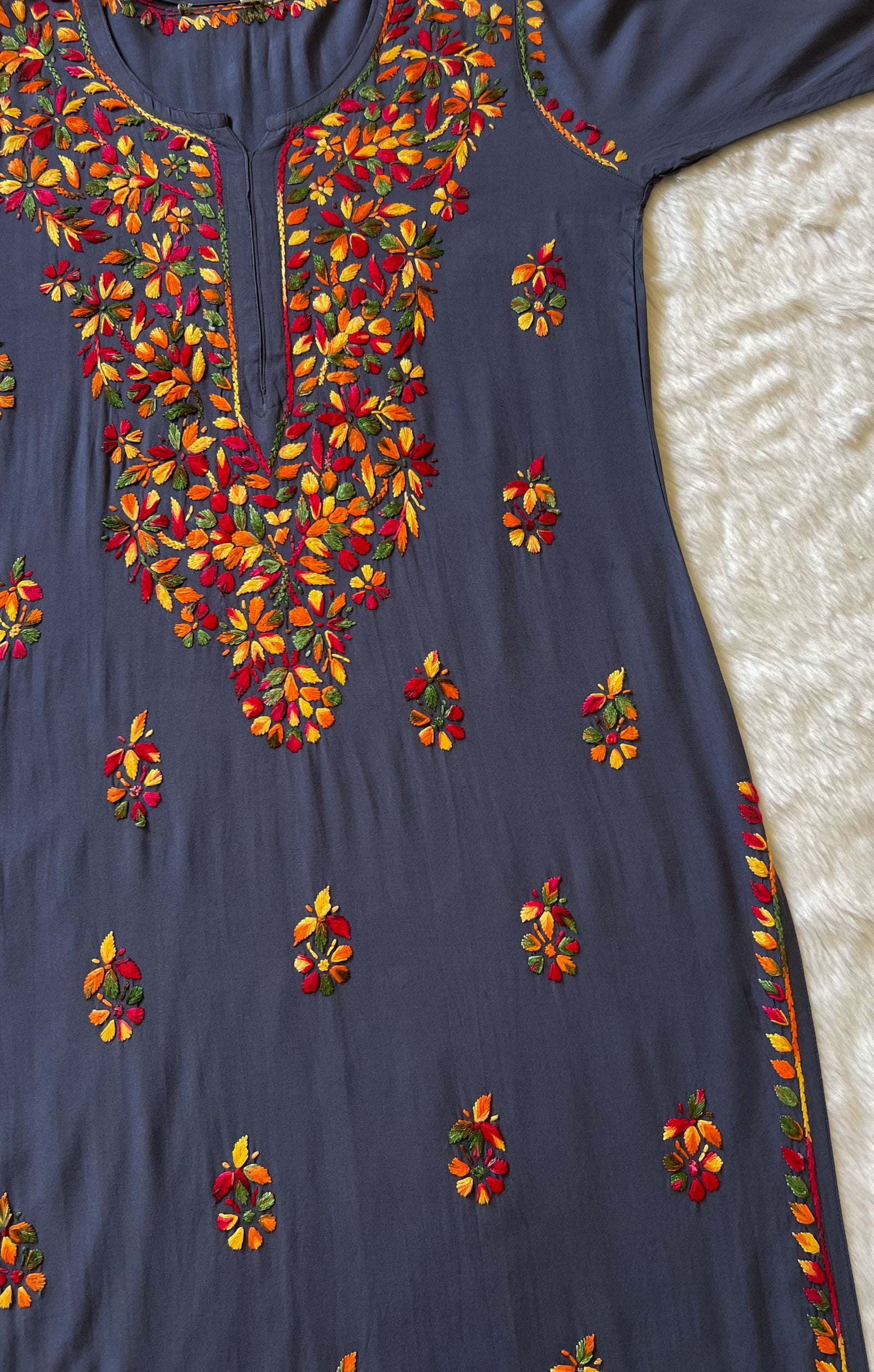 Ruhi Grey Multi Long Rayon Chikankari Kurta