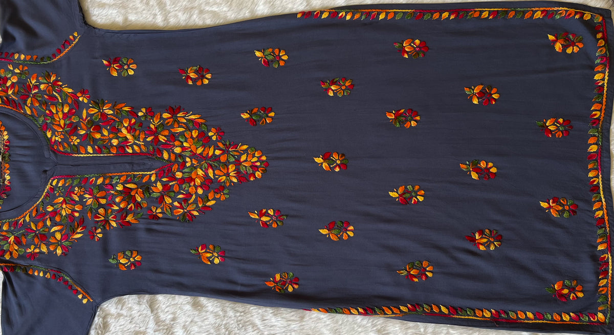 Ruhi Grey Multi Long Rayon Chikankari Kurta