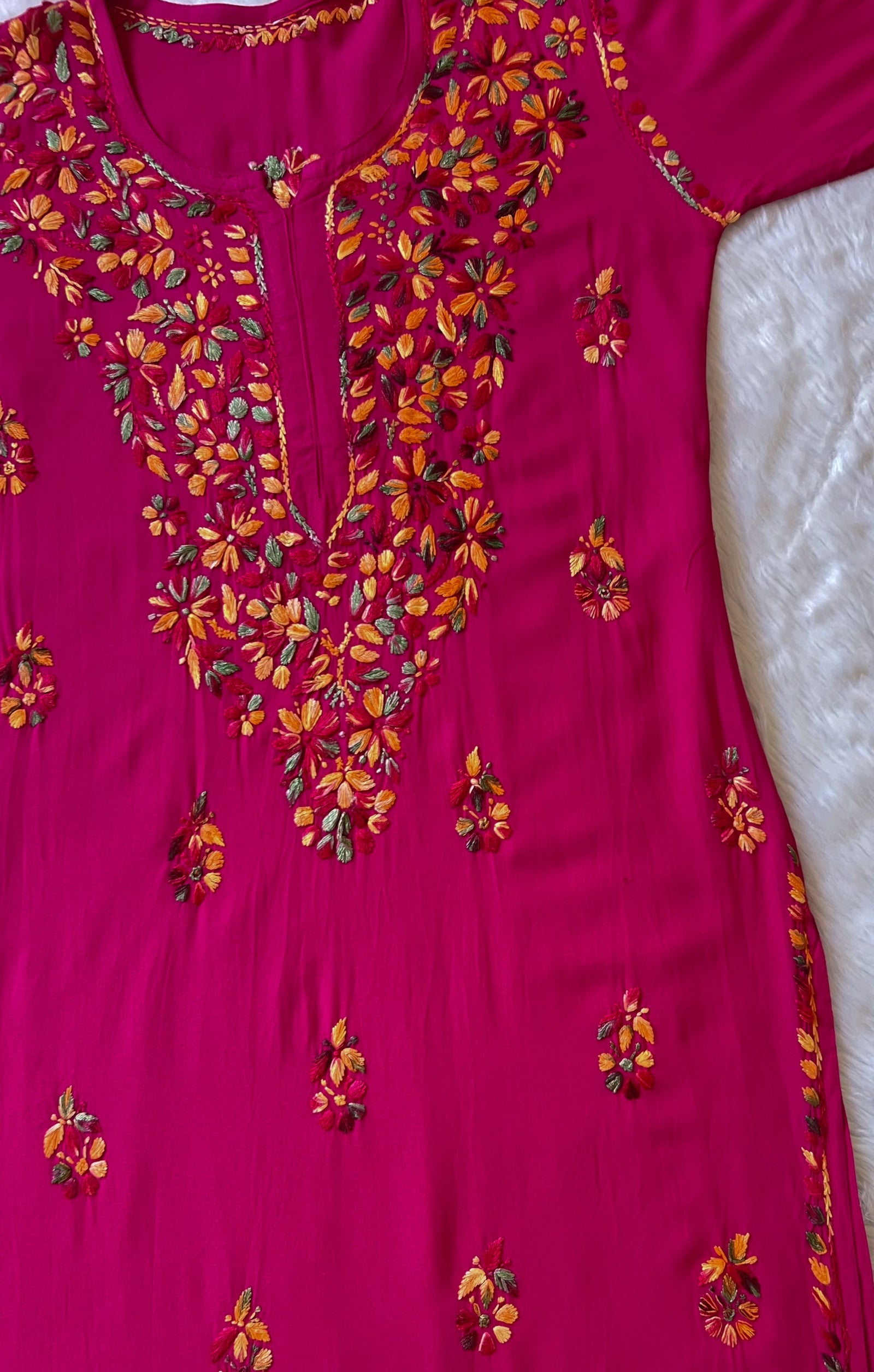 Ruhi Hot Pink Multi Long Rayon Chikankari Kurta