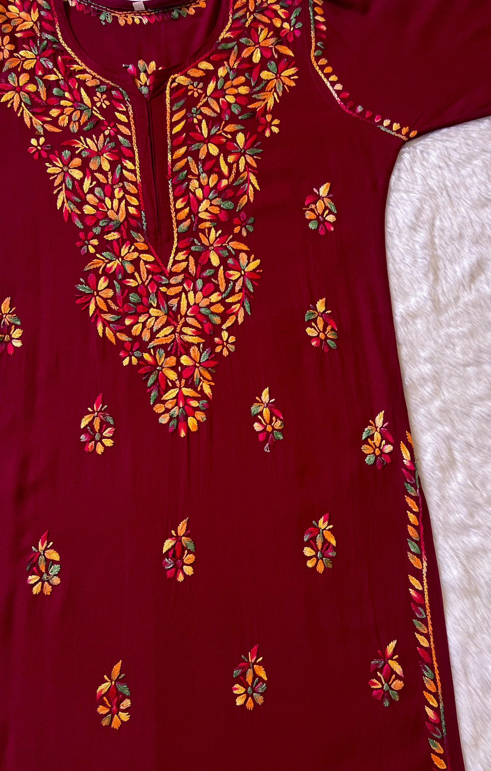 Ruhi Maroon Multi Long Rayon Chikankari Kurta