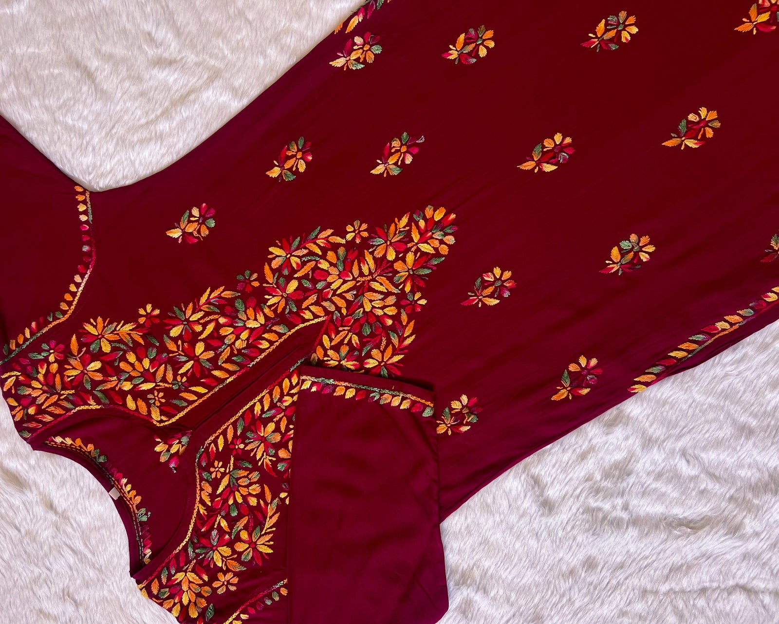 Ruhi Maroon Multi Long Rayon Chikankari Kurta