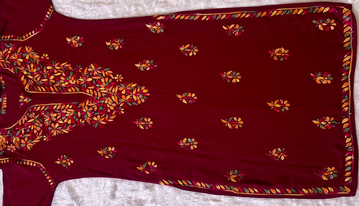 Ruhi Maroon Multi Long Rayon Chikankari Kurta