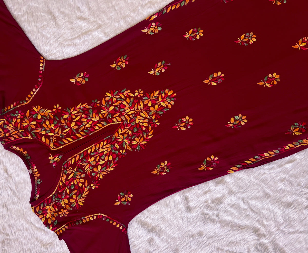 Ruhi Maroon Multi Long Rayon Chikankari Kurta
