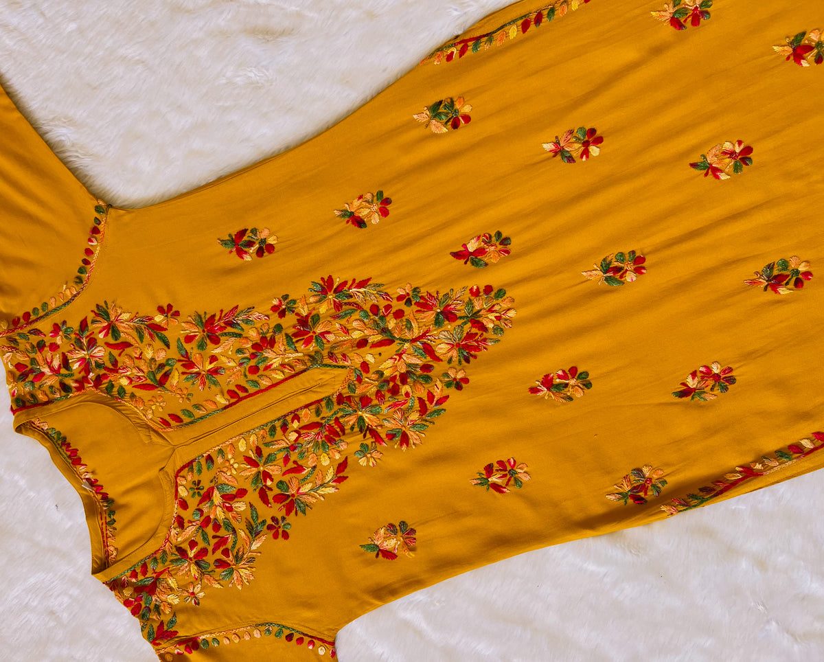 Ruhi Mustard Multi Long Rayon Chikankari Kurta