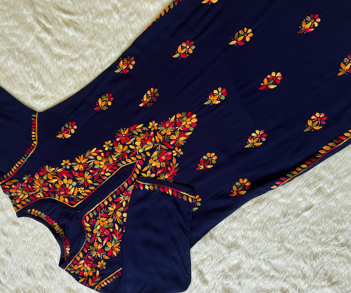 Ruhi Navy Blue Multi Long Rayon Chikankari Kurta