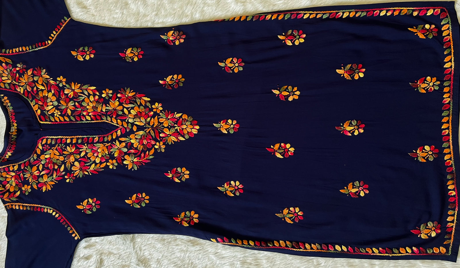 Ruhi Navy Blue Multi Long Rayon Chikankari Kurta