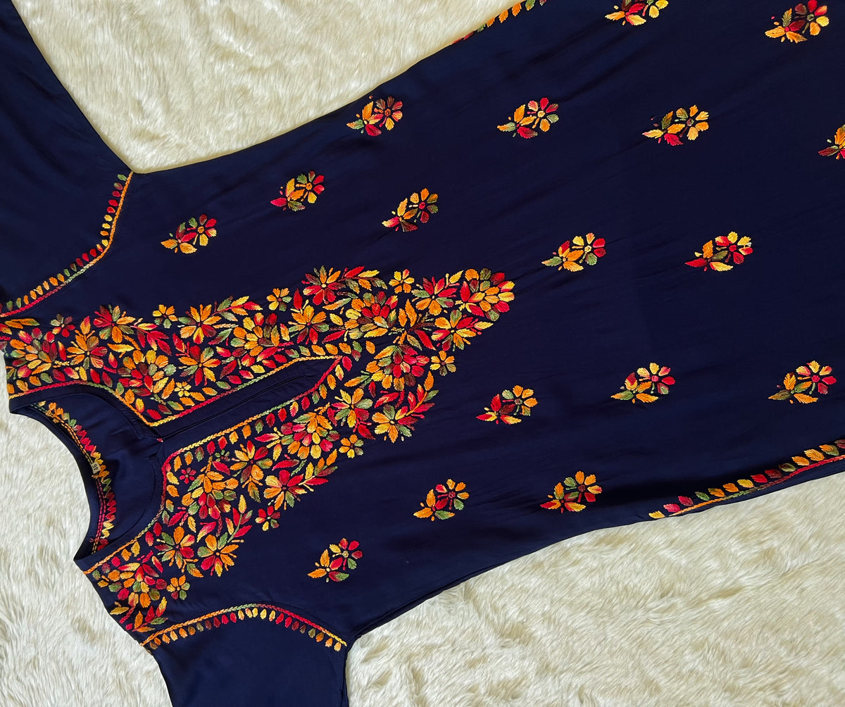 Ruhi Navy Blue Multi Long Rayon Chikankari Kurta