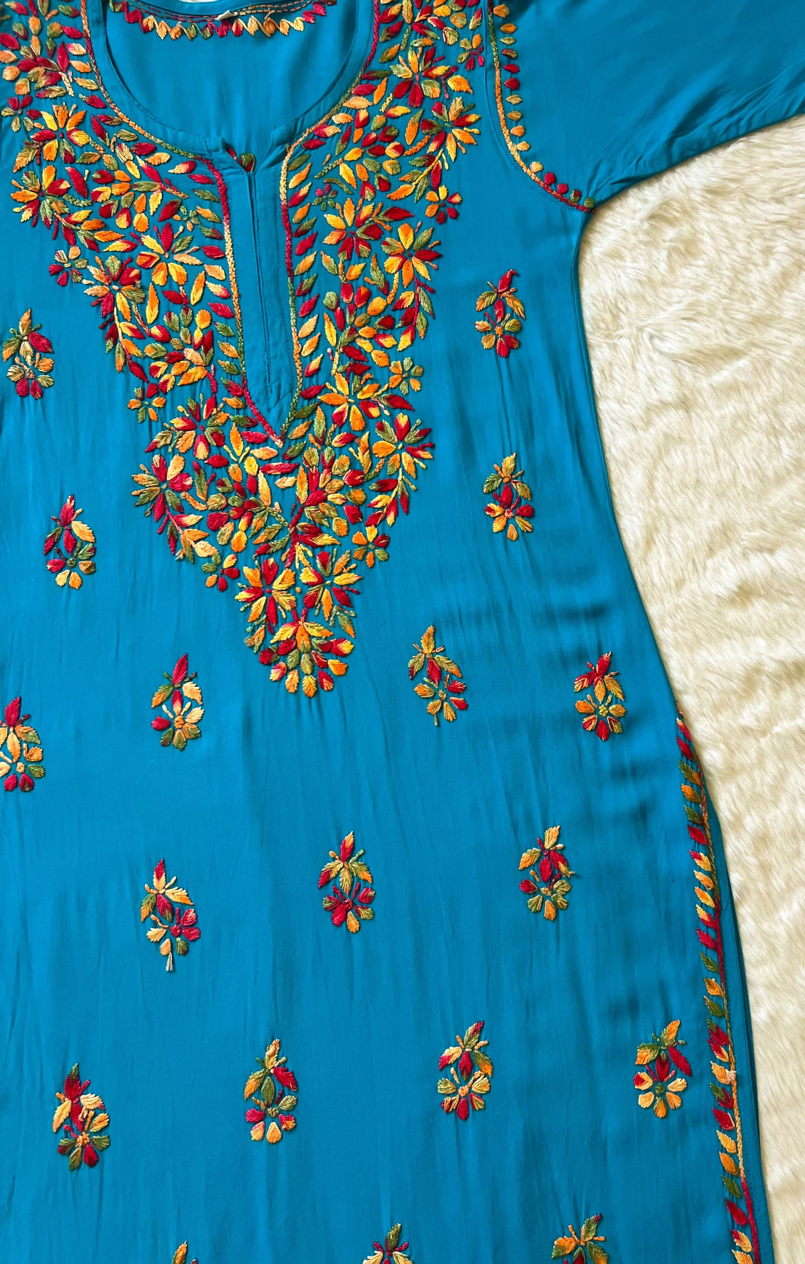 Ruhi Turquoise Multi Long Rayon Chikankari Kurta
