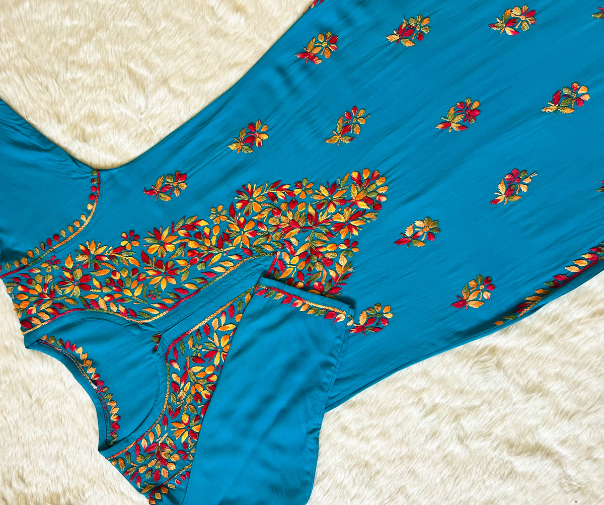 Ruhi Turquoise Multi Long Rayon Chikankari Kurta
