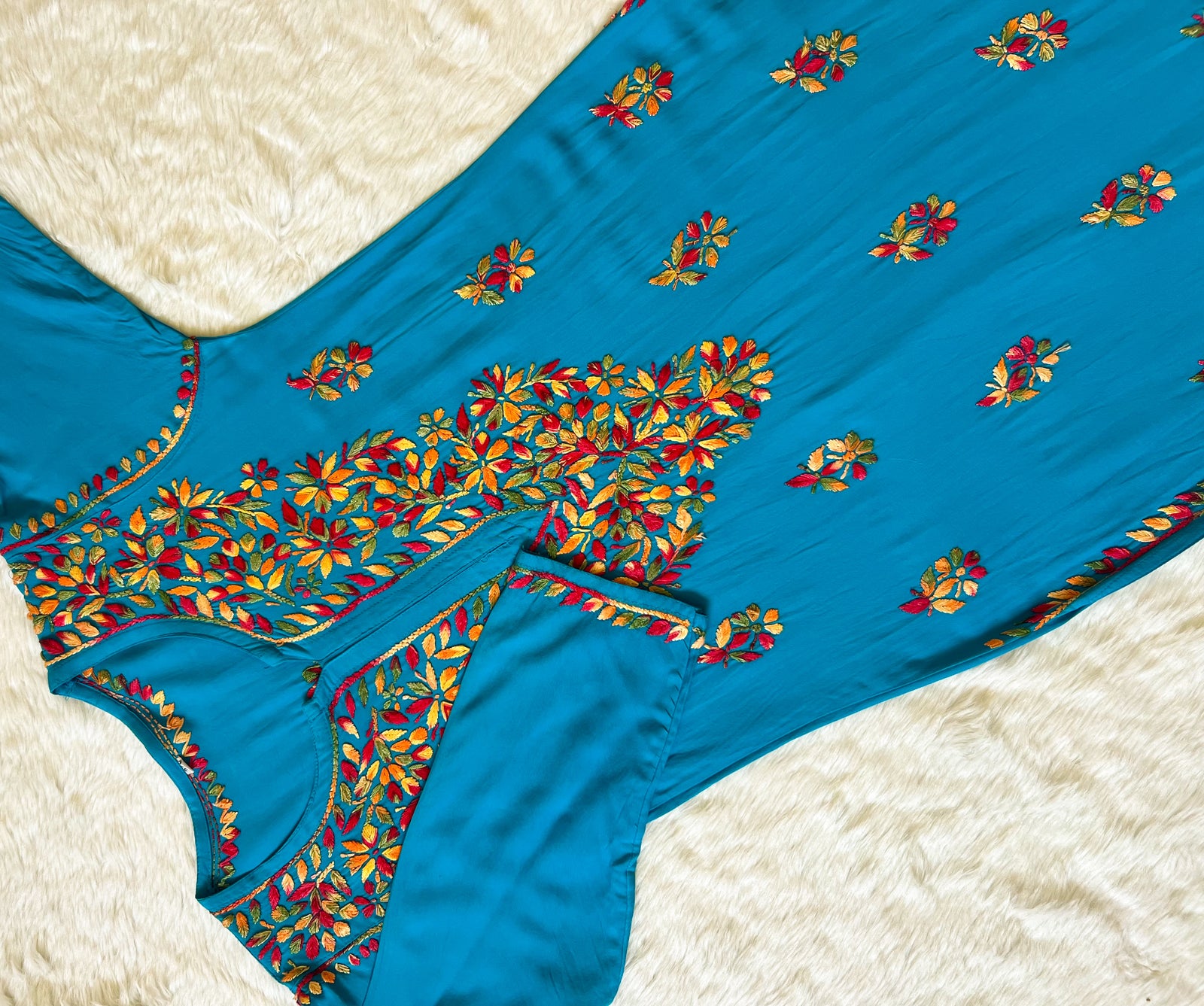 Ruhi Turquoise Multi Long Rayon Chikankari Kurta