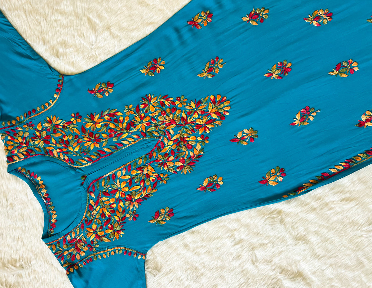 Ruhi Turquoise Multi Long Rayon Chikankari Kurta
