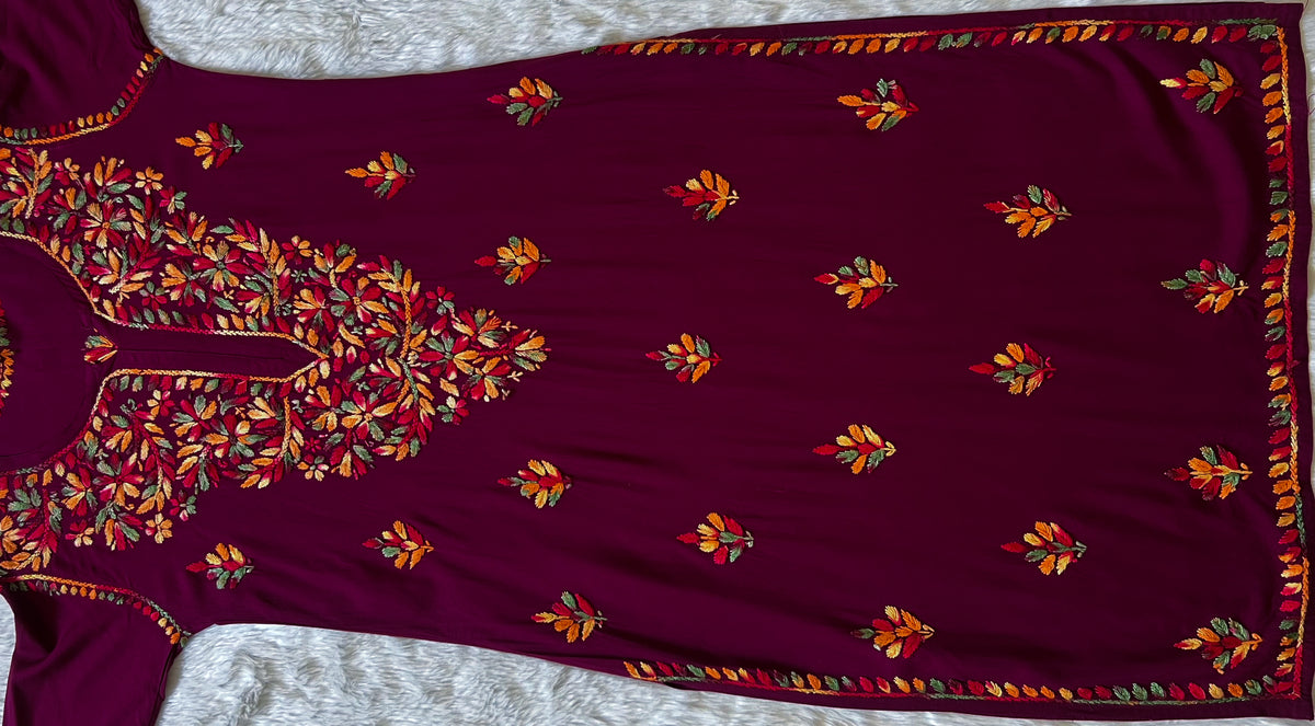 Ruhi Wine Multi Long Rayon Chikankari Kurta