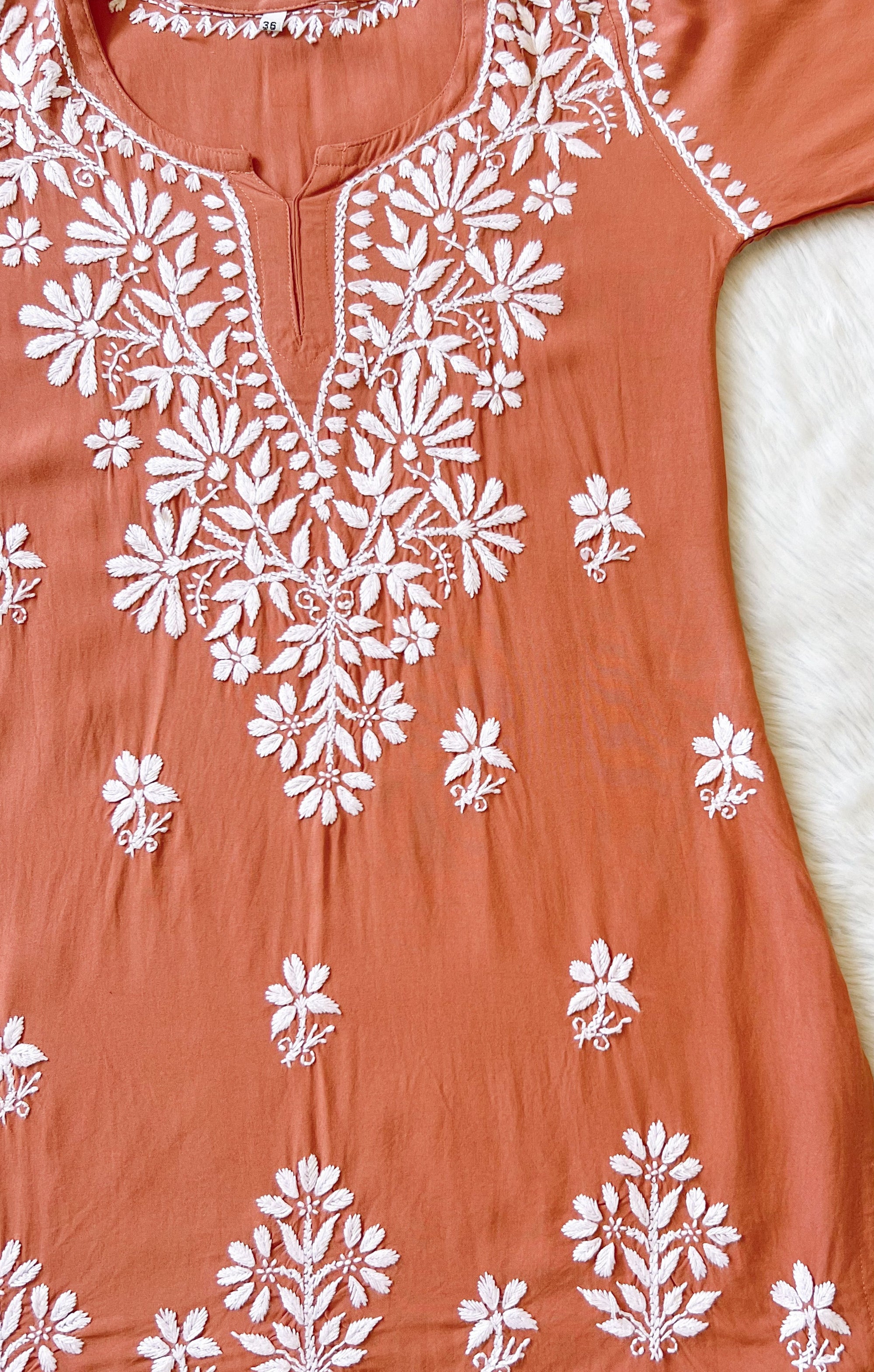 Rust Short Rayon Kurta with White Chikankari