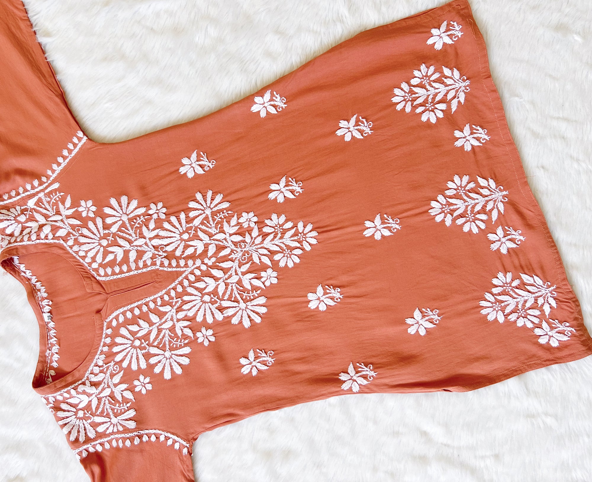 Rust Short Rayon Kurta with White Chikankari