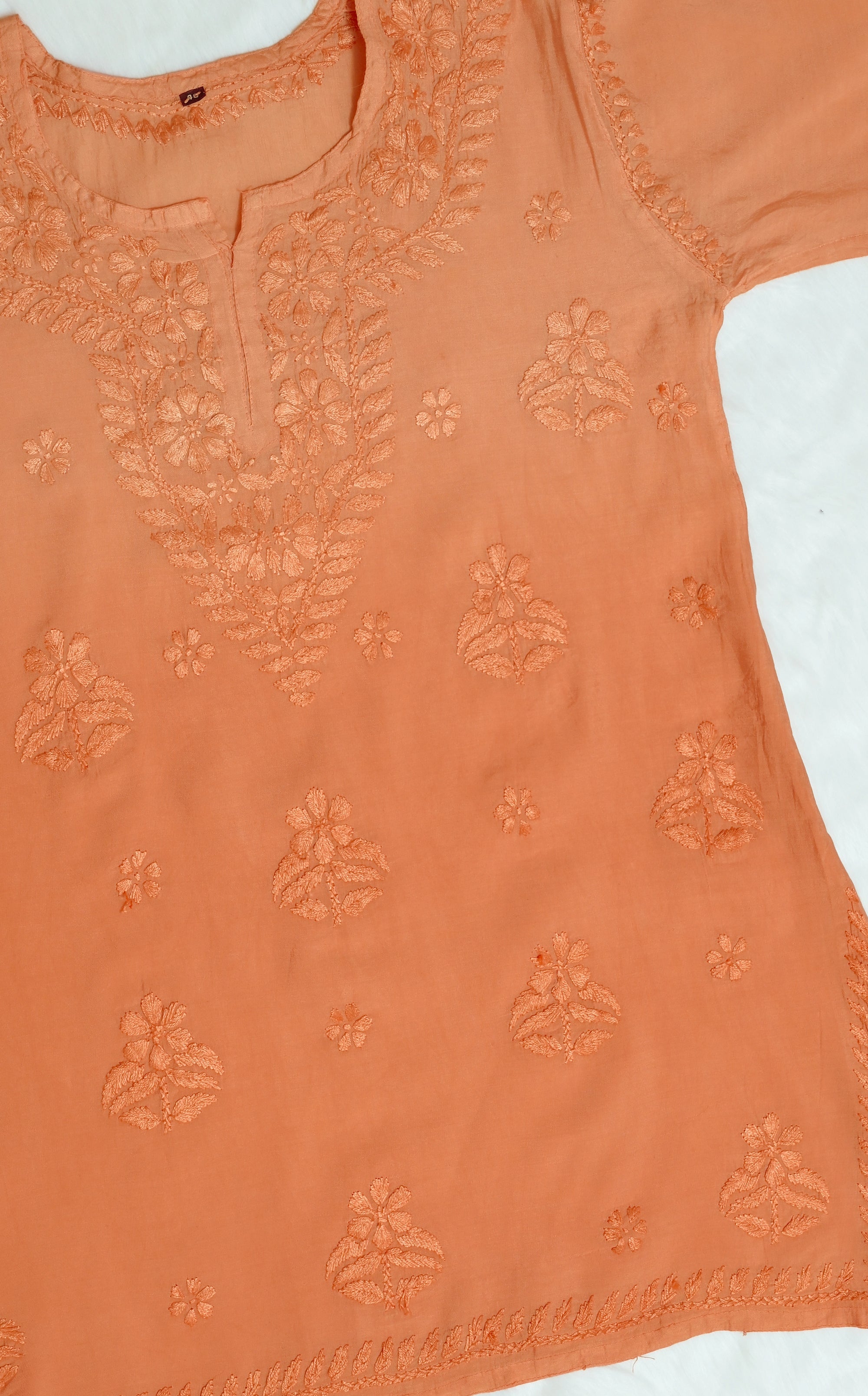 Rust orange Chanderi Short Chikankari Kurta