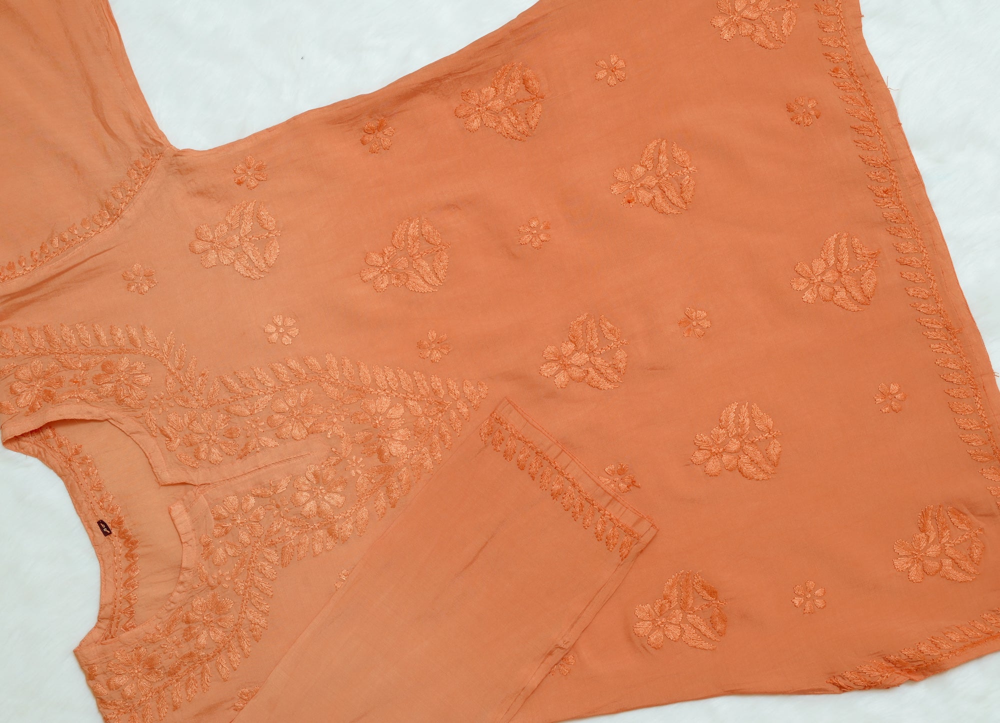 Rust orange Chanderi Short Chikankari Kurta