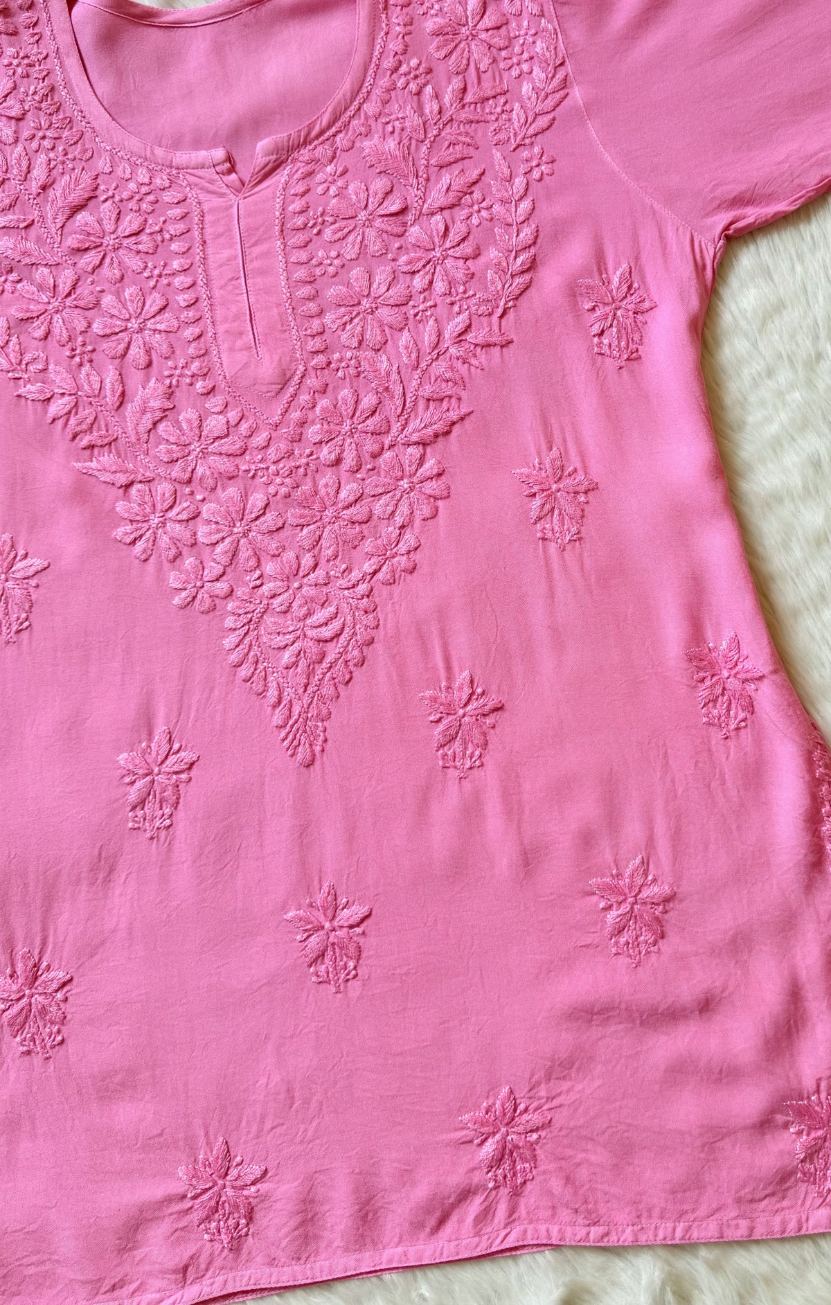 Safa Baby Pink Short Rayon Chikankari Kurti