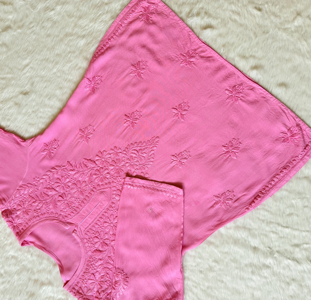Safa Baby Pink Short Rayon Chikankari Kurti