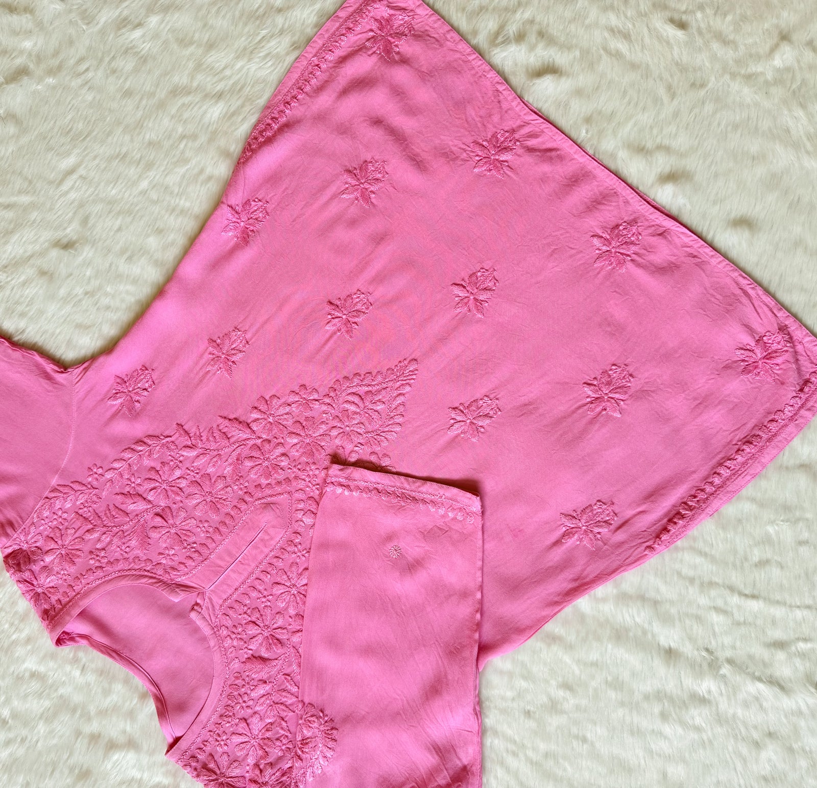 Safa Baby Pink Short Rayon Chikankari Kurti