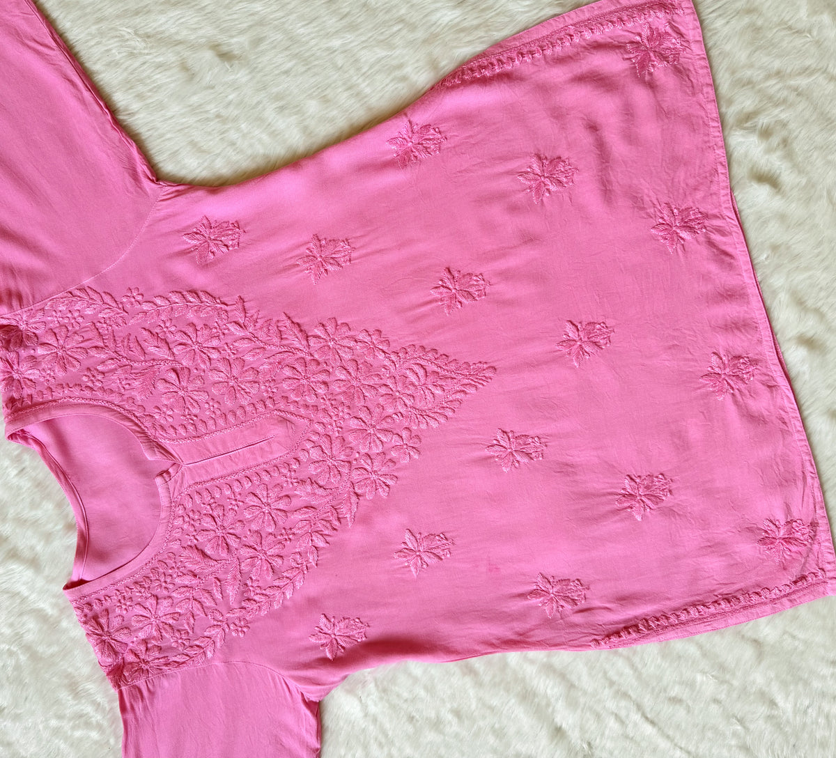 Safa Baby Pink Short Rayon Chikankari Kurti