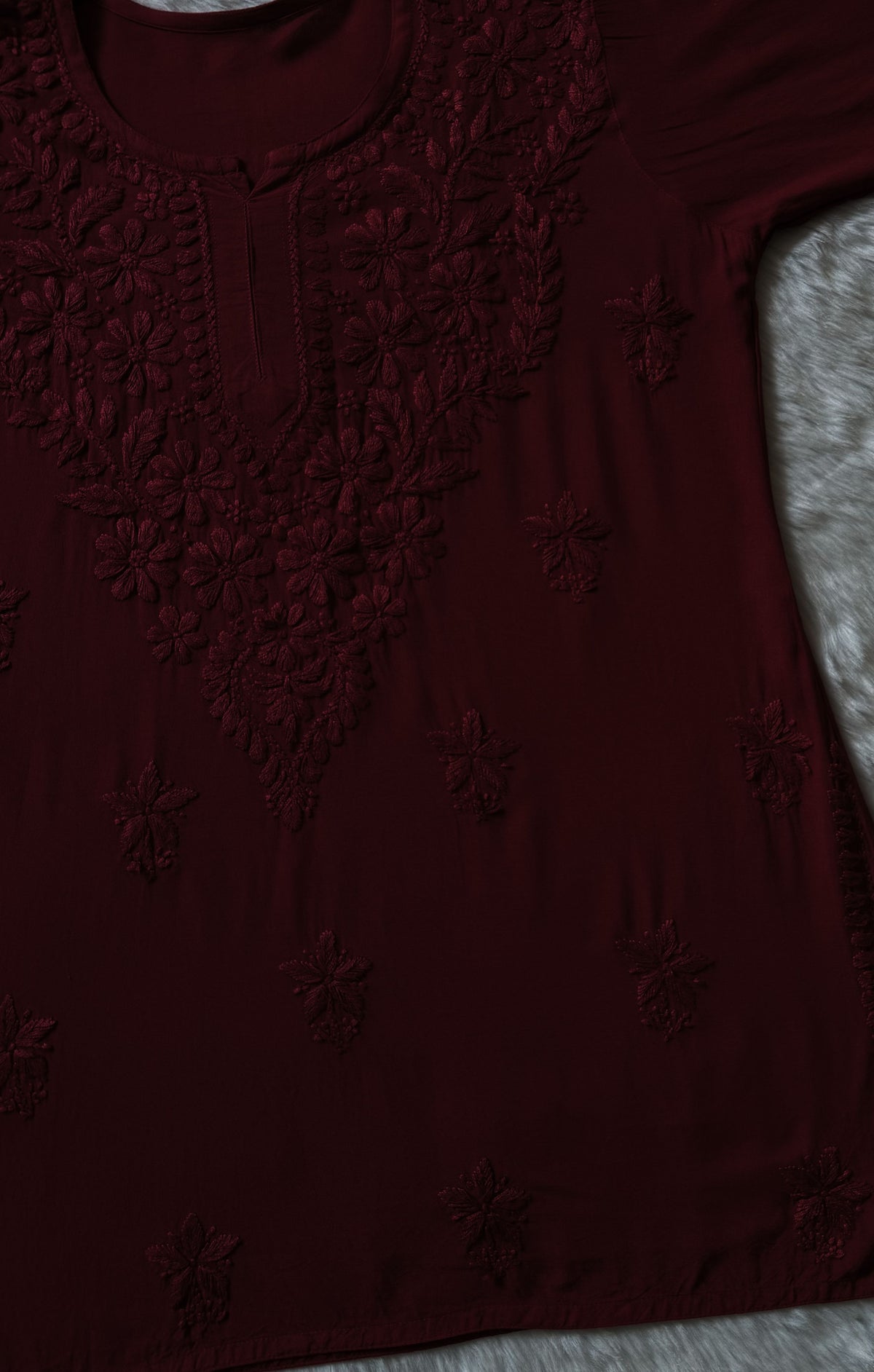 Safa Dark Maroon Short Rayon Chikankari Kurti
