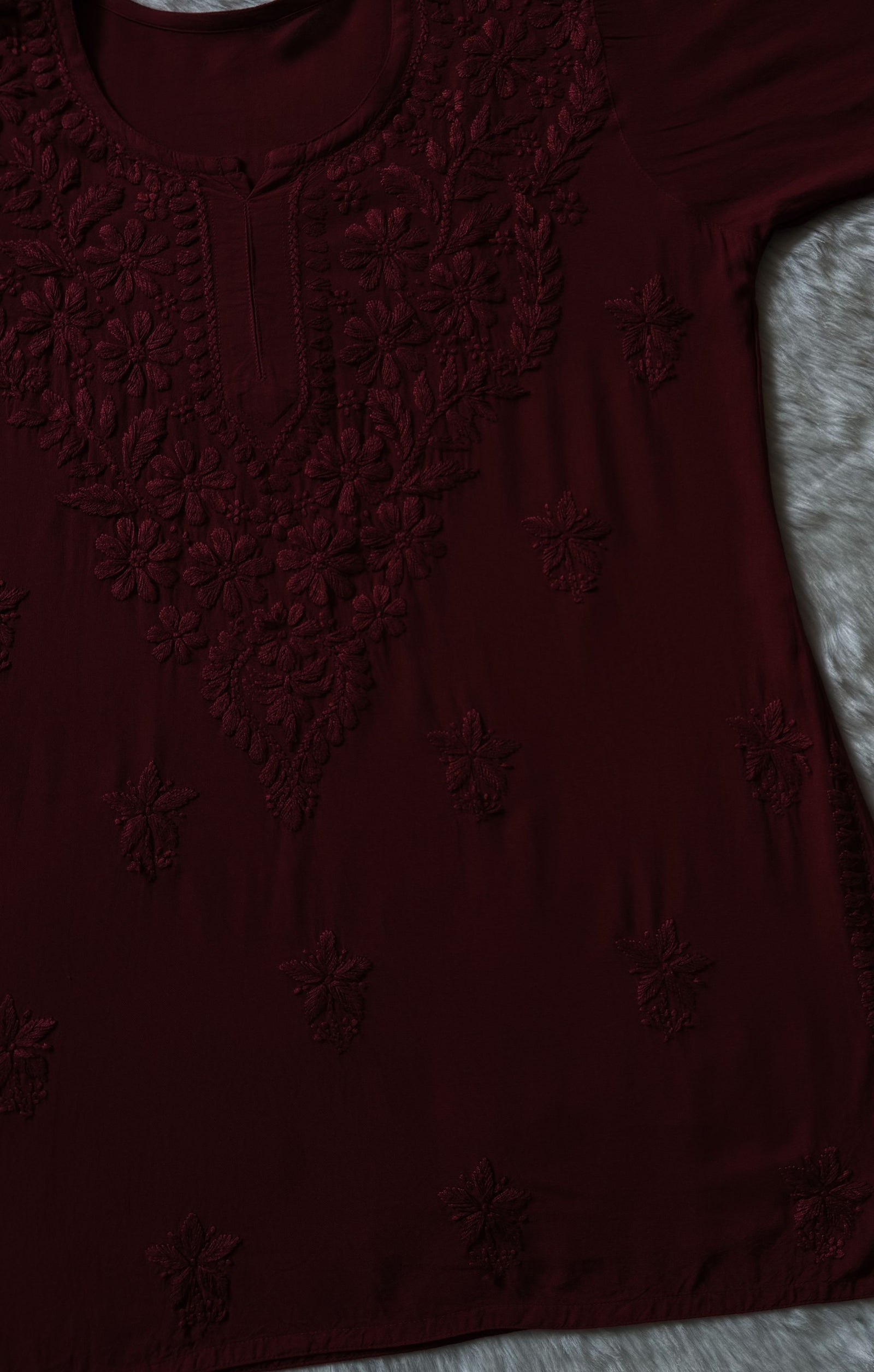 Safa Dark Maroon Short Rayon Chikankari Kurti