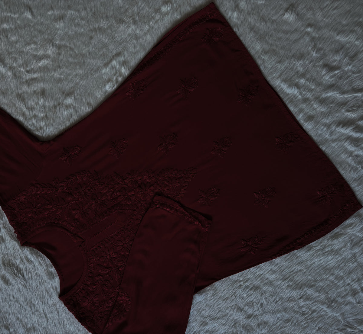Safa Dark Maroon Short Rayon Chikankari Kurti