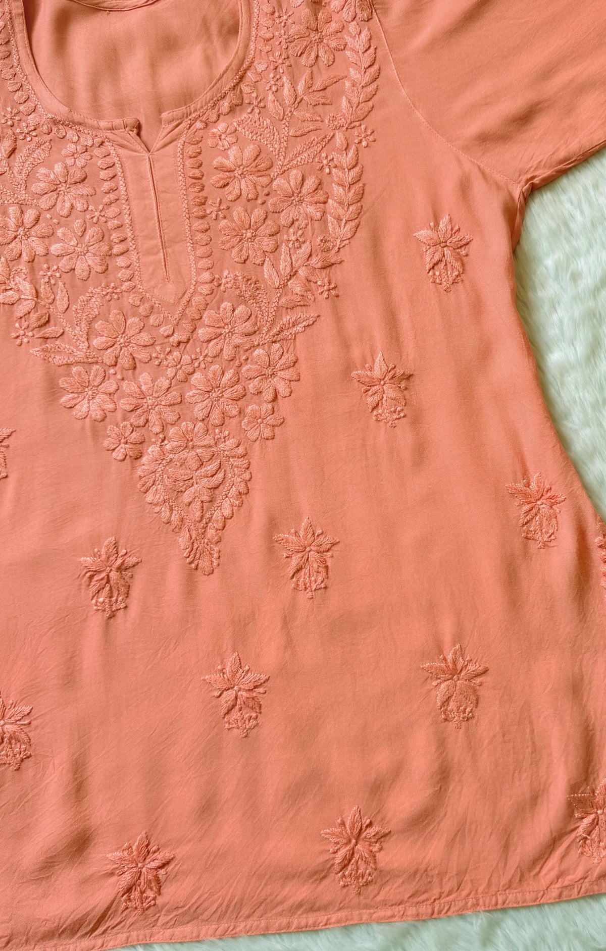 Safa Light Peach Short Rayon Chikankari Kurti
