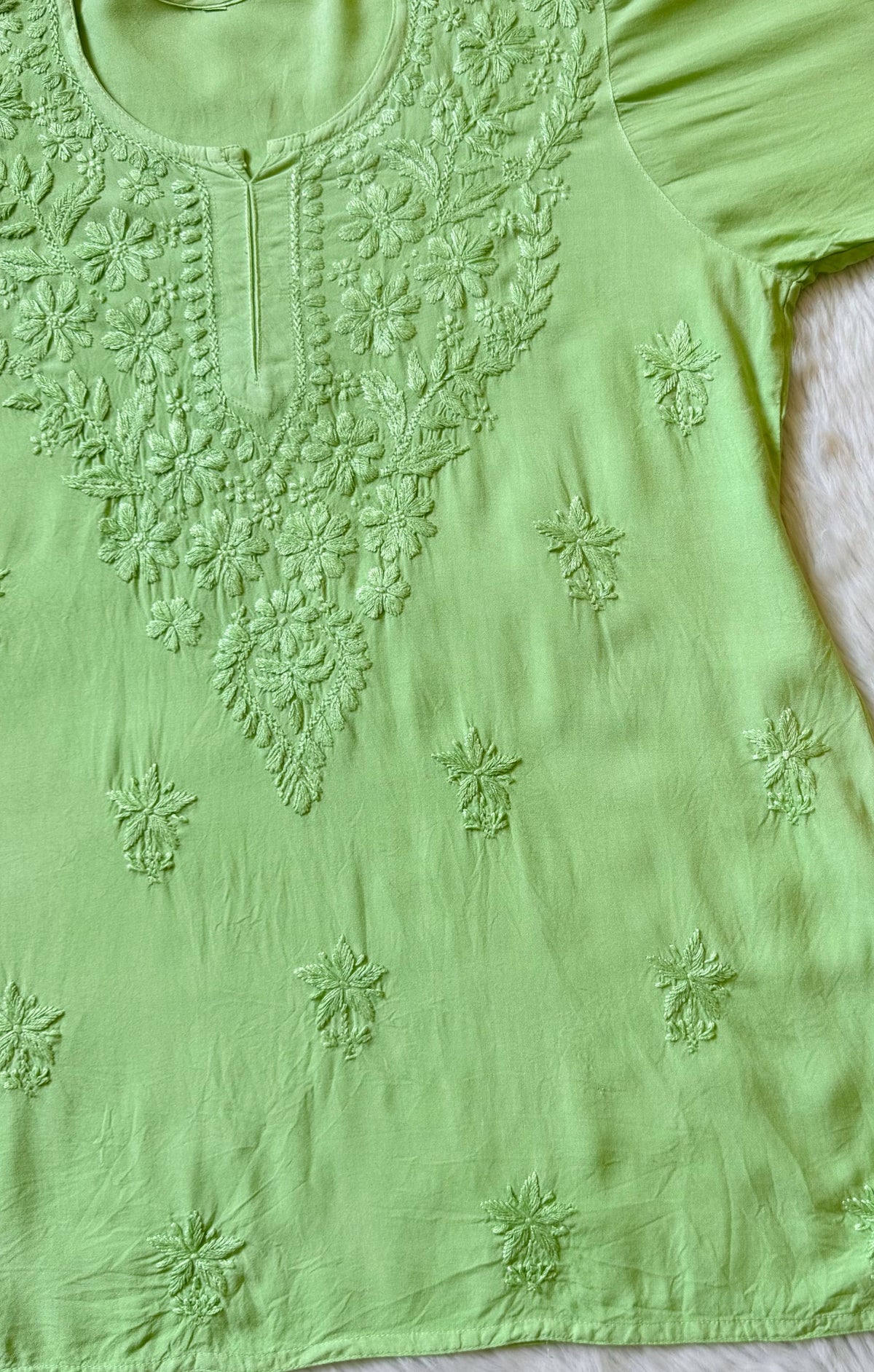 Safa Lime Green Short Rayon Chikankari Kurti