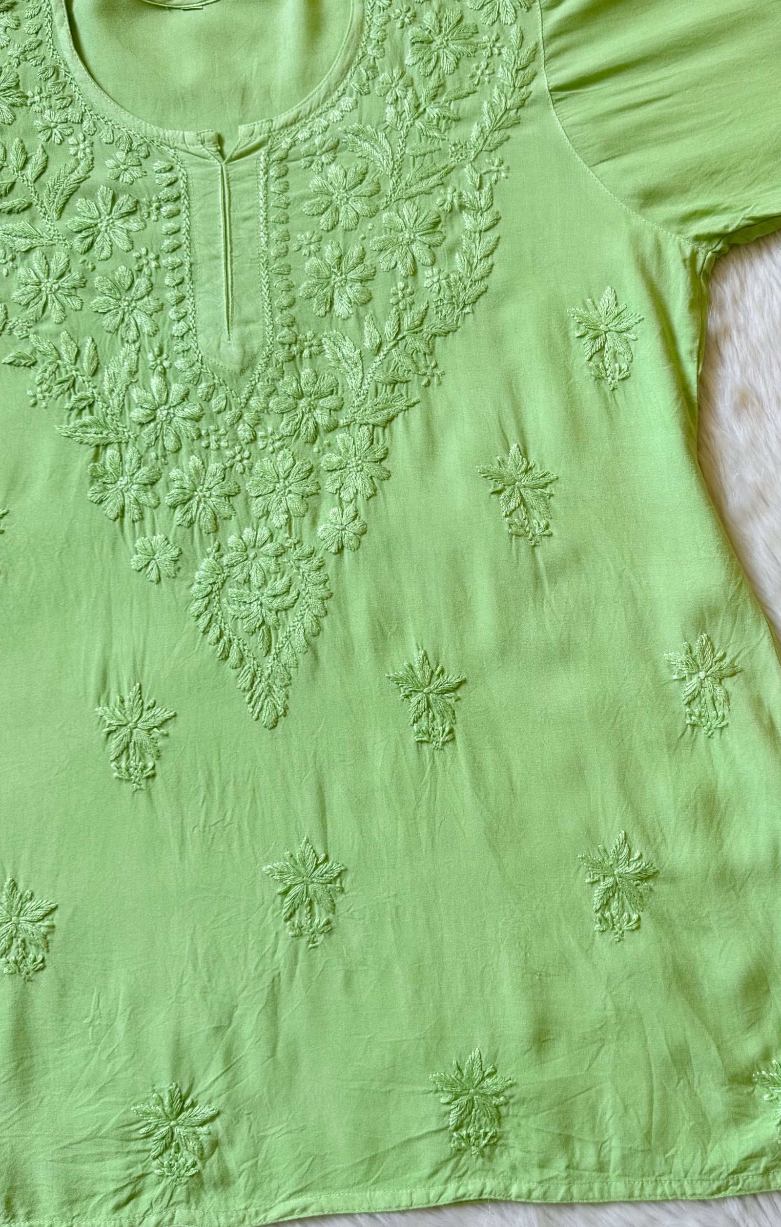 Safa Lime Green Short Rayon Chikankari Kurti