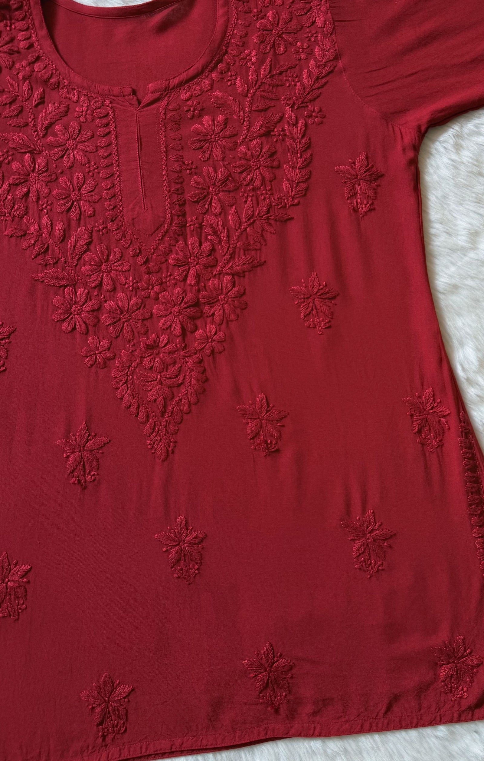Safa Maroon Short Rayon Chikankari Kurti