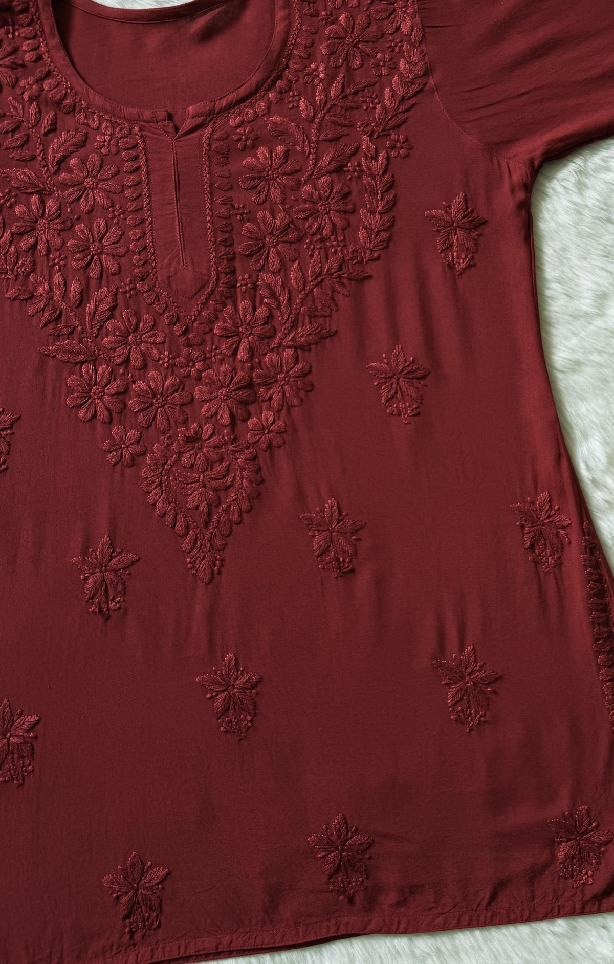 Safa Maroon Short Rayon Chikankari Kurti