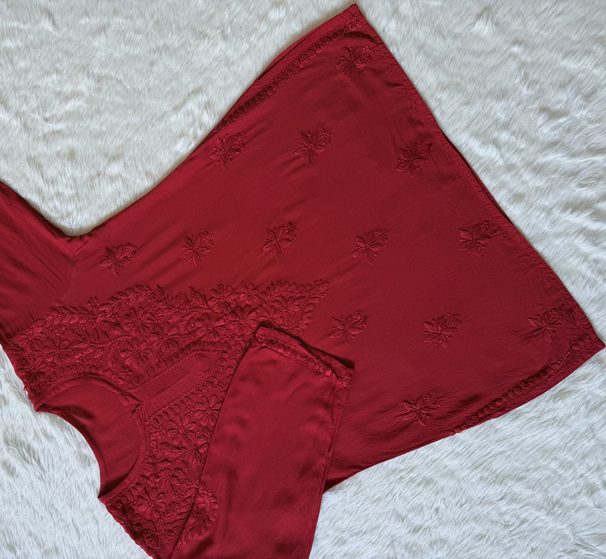 Safa Maroon Short Rayon Chikankari Kurti