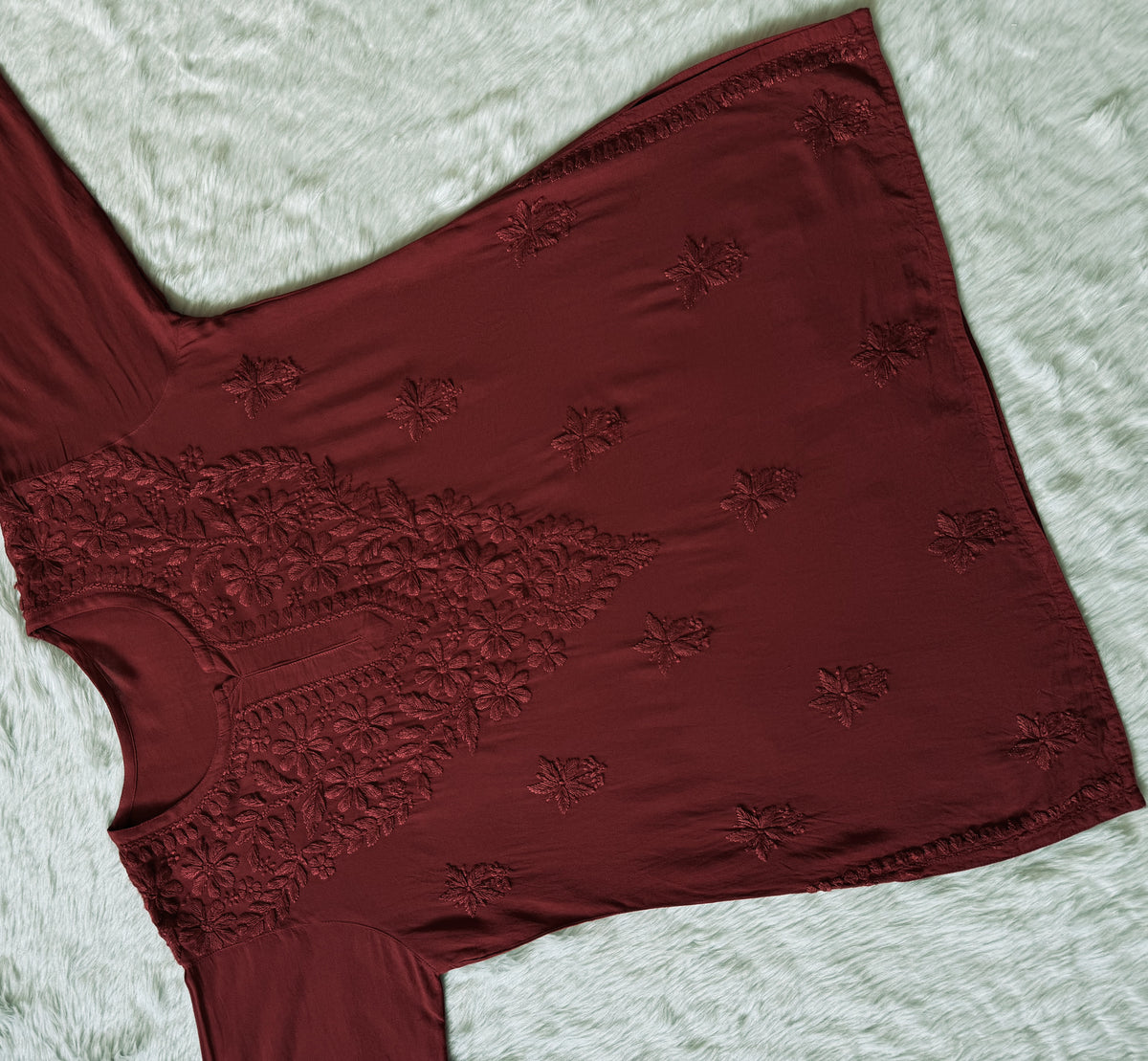 Safa Maroon Short Rayon Chikankari Kurti