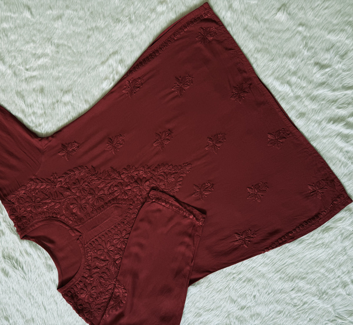 Safa Maroon Short Rayon Chikankari Kurti