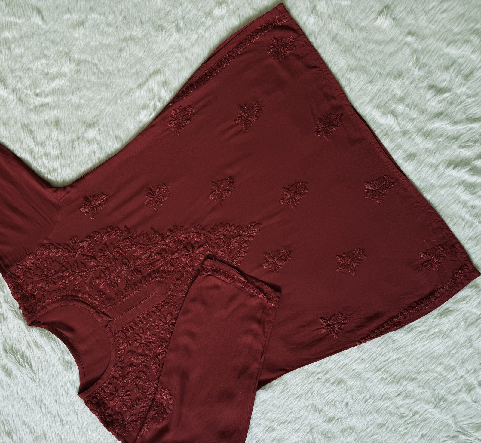 Safa Maroon Short Rayon Chikankari Kurti