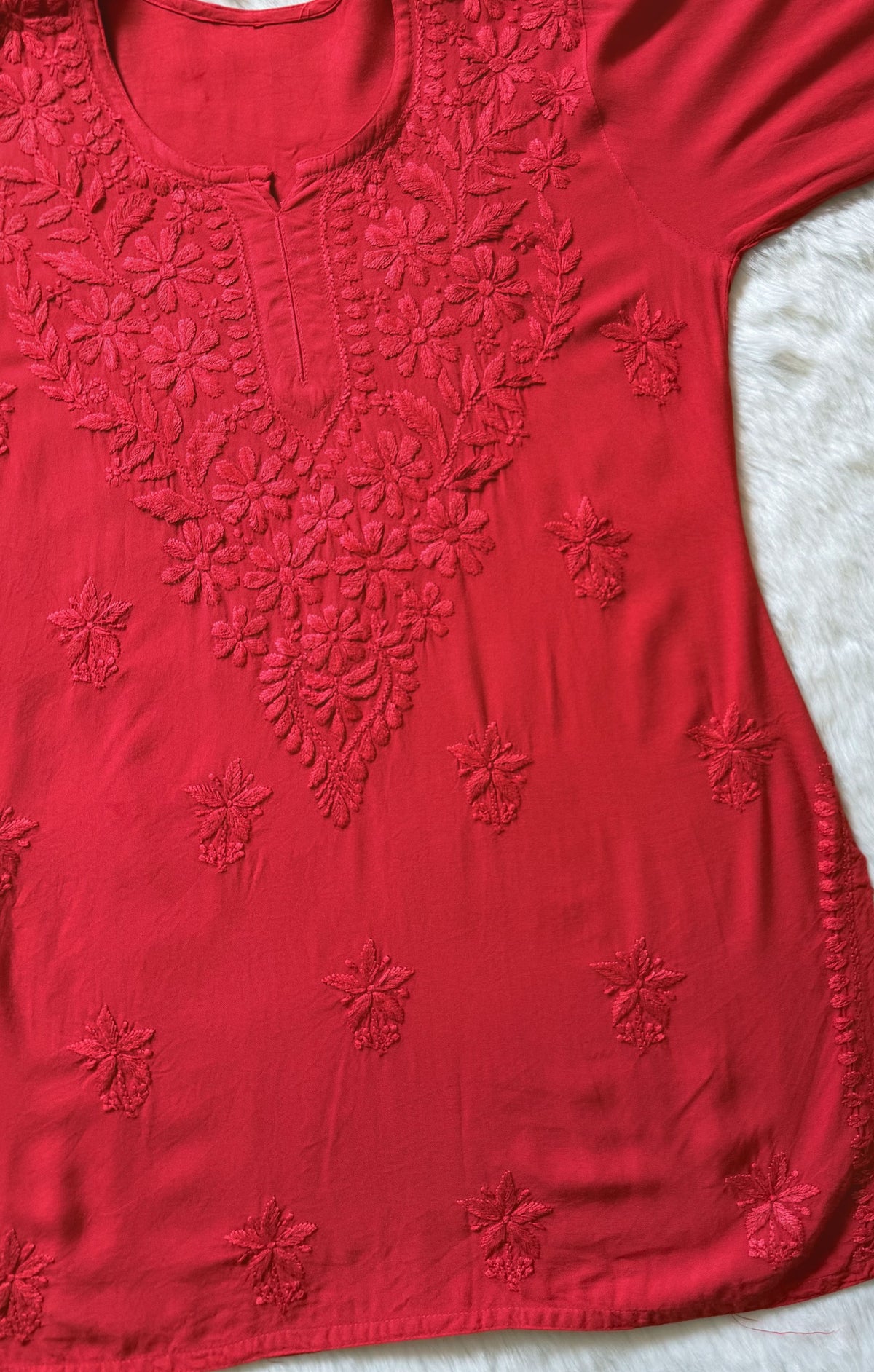 Safa Red Short Rayon Chikankari Kurti