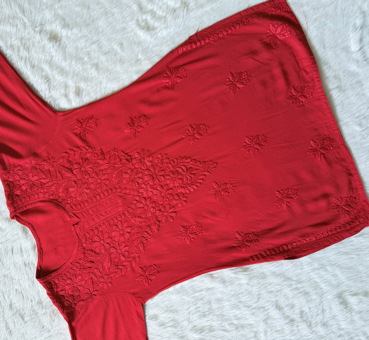 Safa Red Short Rayon Chikankari Kurti