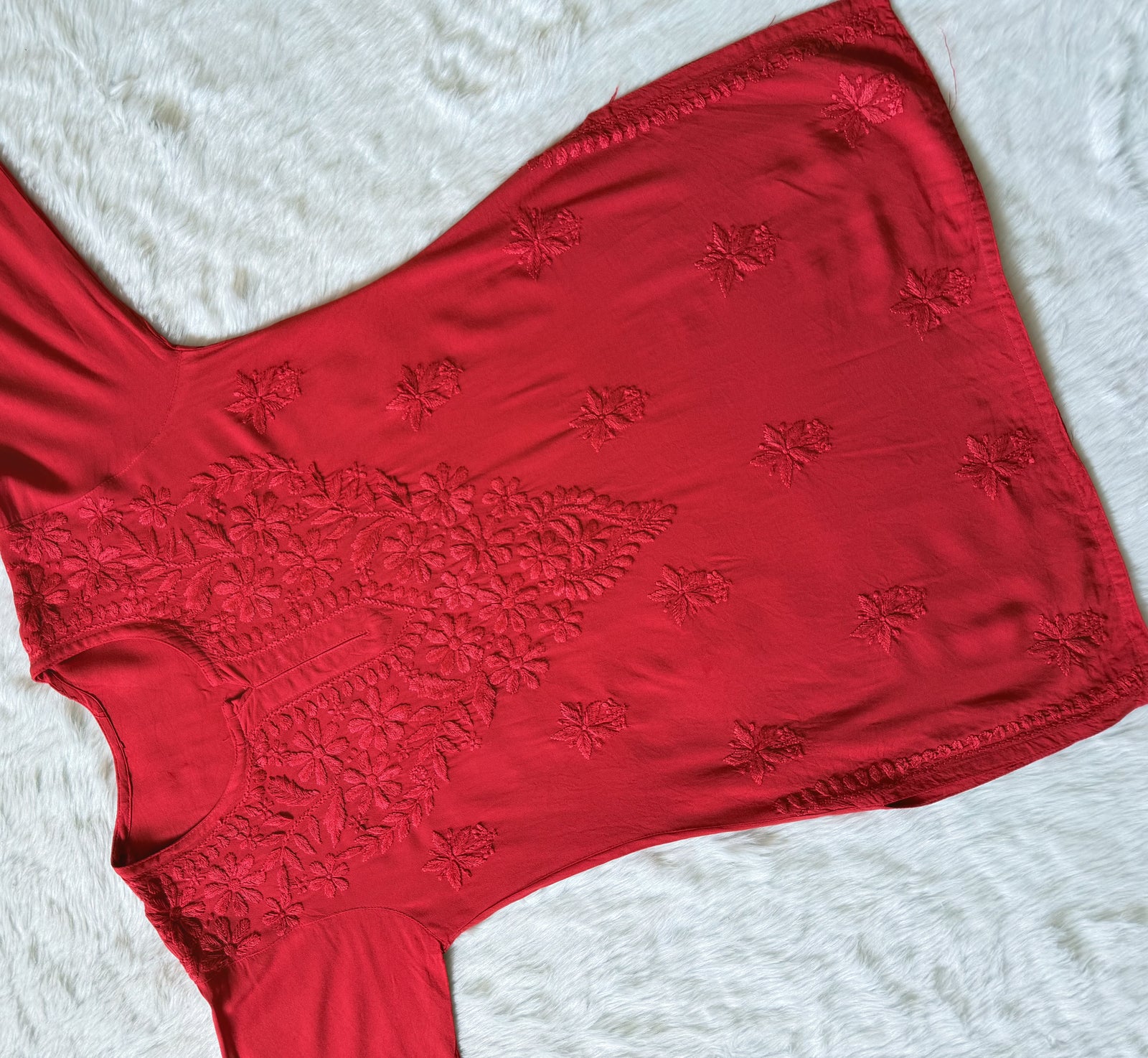 Safa Red Short Rayon Chikankari Kurti